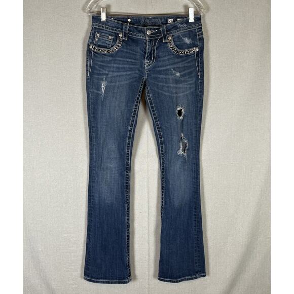 Miss Me Signature Boot Jeans Size 27 JP7256B 34" Flap Pocket Bling Distressed - Picture 1 of 11